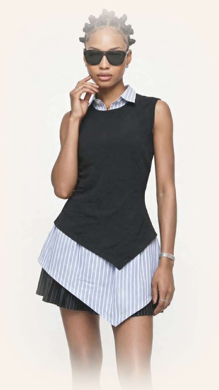 Model wearing the LJ layered asymmetrical top over a blue-and-white striped shirt with pleated shorts