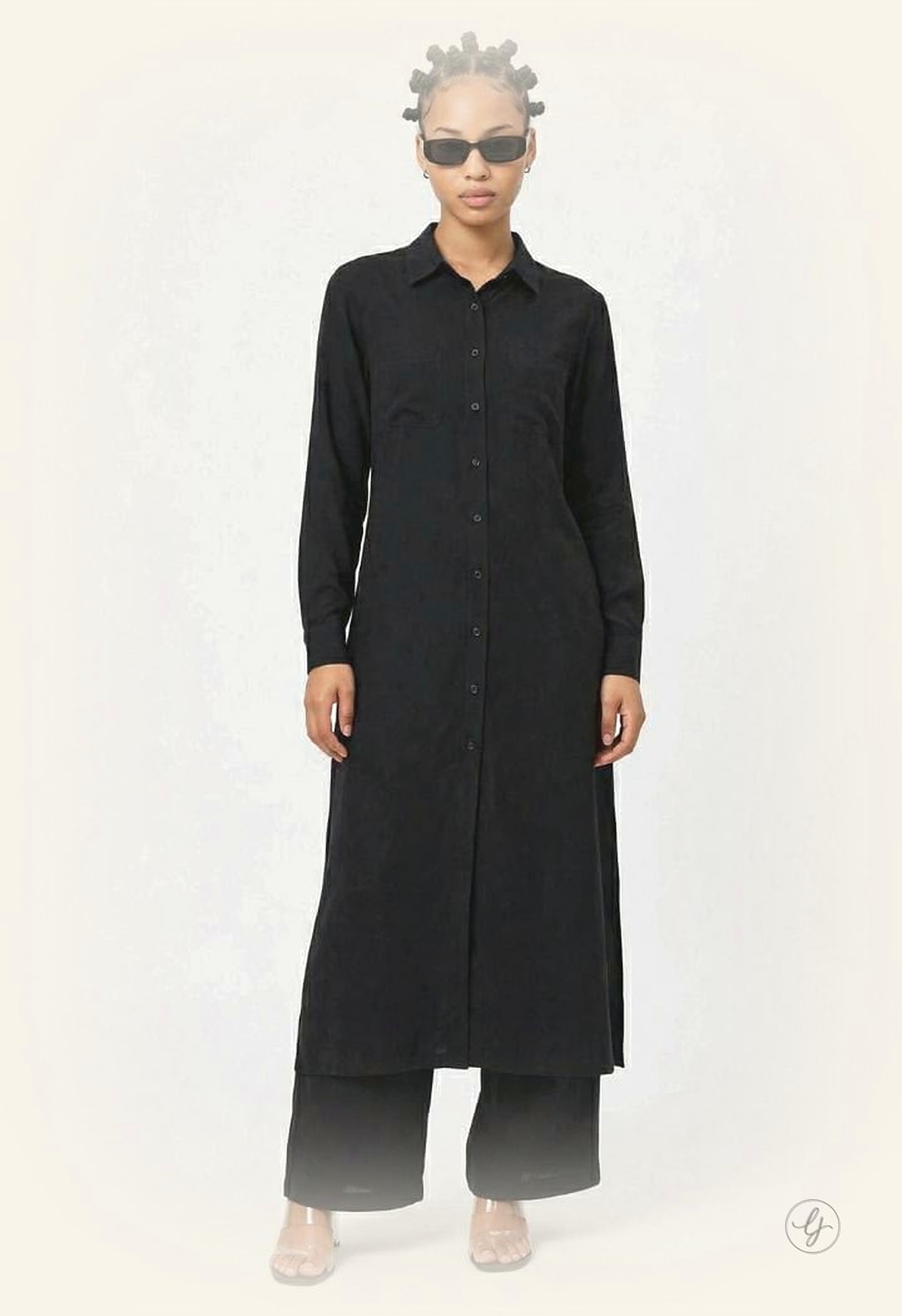 LJ bestseller - long black button-up shirt dress with wide-leg trousers
